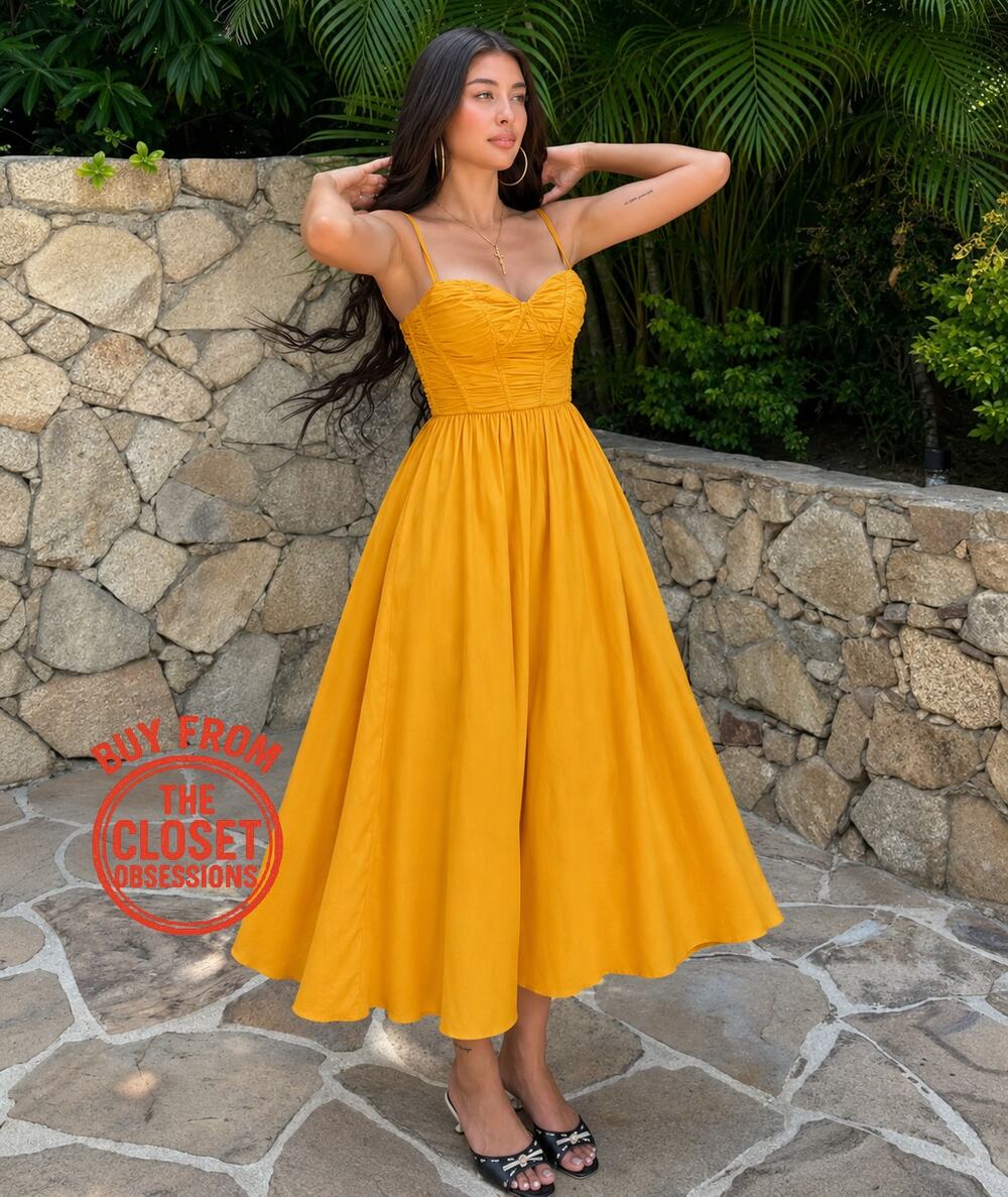 Mango Italian Summer Corset Midi Dress Yellow Resort NWT